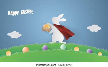 Illustration of Easter day concept with Eggs in basket on hand Super Rabbit  on green grass in spring season,vector style paper craft