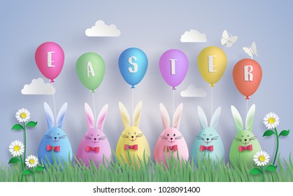 Illustration of Easter day with egg and rabbit in grass,paper art and digital craft style.