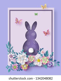 Illustration of Easter day with egg and rabbit ,paper art and digital craft style.