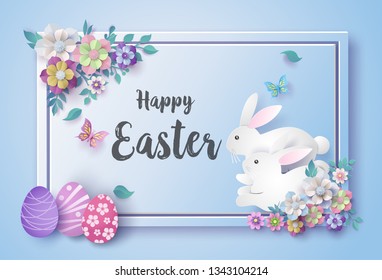 Illustration of Easter day with egg and rabbit ,paper art and digital craft style.