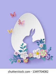 Illustration of Easter day with egg and rabbit ,paper art and digital craft style.