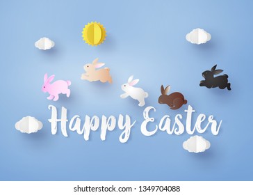 Illustration of Easter day with egg and rabbit ,paper art and digital craft style.