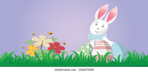 Illustration of Easter day with egg and rabbit ,paper art and digital craft style.