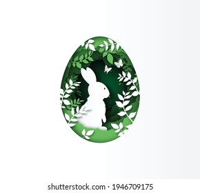 Illustration of Easter day with egg and rabbit ,paper art and digital craft style.