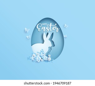 Illustration of Easter day with egg and rabbit ,paper art and digital craft style.