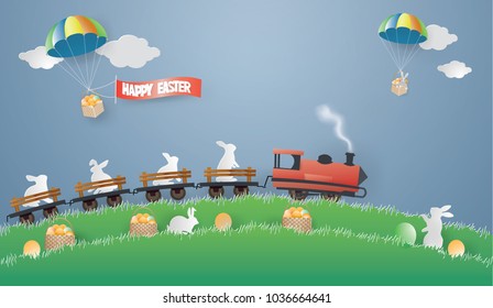 Illustration of Easter day with rabbit on the train and eggs in basket on grass surrounded by family rabbit  in nature background ,paper craft style