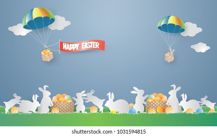 Illustration of Easter day.Eggs in basket on grass surrounded by family rabbit  in nature background and rabbit in basket tied with parachute on the sky,paper craft style