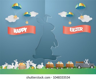 Illustration of Easter day.Eggs in basket on grass surrounded by family rabbit and bunny driving the car and drag the eggs basket in nature background ,paper craft style