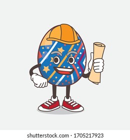 An illustration of Easter Egg architect cartoon mascot character having blueprints and yellow helmet