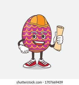 An illustration of Easter Egg architect cartoon mascot character having blueprints and yellow helmet