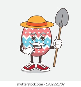 An illustration of Easter Egg cartoon mascot character with hat and farmer tools