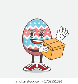 Una ilustración del personaje de la mascota Huevo de Pascua sosteniendo una caja