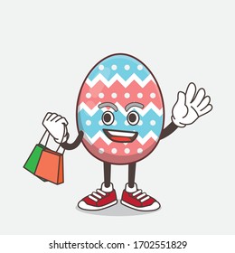 An illustration of Easter Egg cartoon mascot character waving and holding Shopping bags
