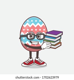 Una ilustración del personaje de la mascota Huevo de Pascua estudiando con algunos libros