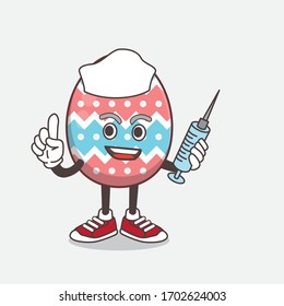 An illustration of Easter Egg cartoon mascot character as nurse with medical syringe