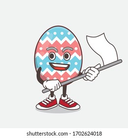 An illustration of Easter Egg cartoon mascot character waving a flag