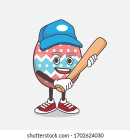 An illustration of Easter Egg cartoon mascot character playing baseball