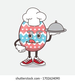 An illustration of Easter Egg cartoon mascot character as a Chef with food on tray ready to serve