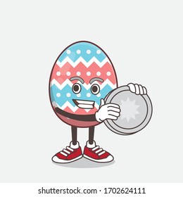 An illustration of Easter Egg cartoon mascot character holding a silver coin medal
