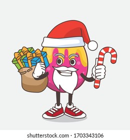 An illustration of Easter Egg cartoon mascot character in Santa costume with candy