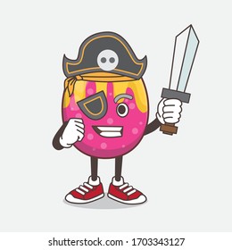 An illustration of Easter Egg cartoon mascot character in pirate style and wearing hat and sword