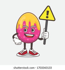 An illustration of Easter Egg cartoon mascot character rise up a warning sign