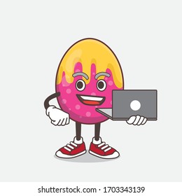 An illustration of Easter Egg cartoon mascot character working with laptop