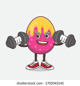 An illustration of Easter Egg cartoon mascot character on fitness exercise trying barbells