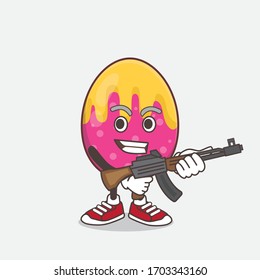 An illustration of Easter Egg cartoon mascot character with assault rifle machine gun