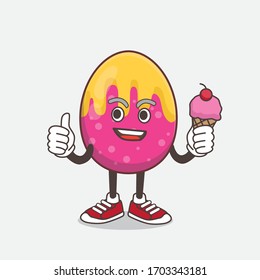 Una ilustración del personaje de la mascota Huevo de Pascua comiendo un helado