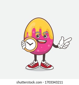 An illustration of Easter Egg cartoon mascot character holding a clock