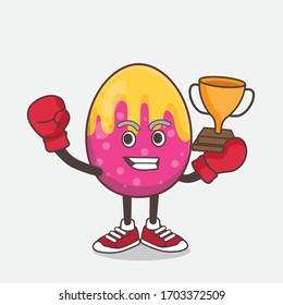 An illustration of Easter Egg cartoon mascot character as Boxing winner of arcade game machine