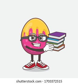 Una ilustración del personaje de la mascota Huevo de Pascua estudiando con algunos libros