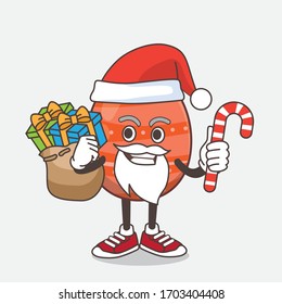 An illustration of Easter Egg cartoon mascot character in Santa costume with candy