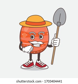 An illustration of Easter Egg cartoon mascot character with hat and farmer tools