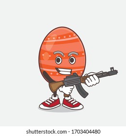 An illustration of Easter Egg cartoon mascot character with assault rifle machine gun