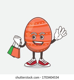 An illustration of Easter Egg cartoon mascot character waving and holding Shopping bags