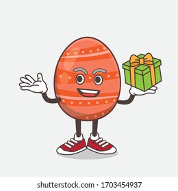 An illustration of Easter Egg cartoon mascot character with a box of gift