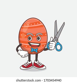 An illustration of Easter Egg cartoon mascot character as smiling barber with scissors on hand