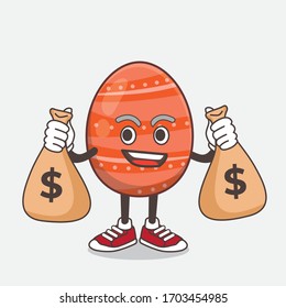 An illustration of Easter Egg cartoon mascot character holding money bags