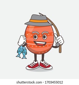 An illustration of Easter Egg cartoon mascot character fishing with 2 fishes