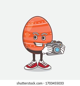 An illustration of Easter Egg cartoon mascot character as photographer in action with a camera