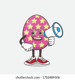 An illustration of Easter Egg cartoon mascot character holding a megaphone