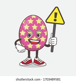An illustration of Easter Egg cartoon mascot character rise up a warning sign