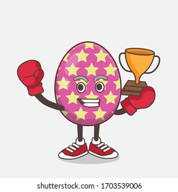 An illustration of Easter Egg cartoon mascot character as Boxing winner of arcade game machine