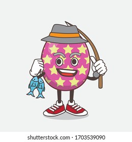 An illustration of Easter Egg cartoon mascot character fishing with 2 fishes