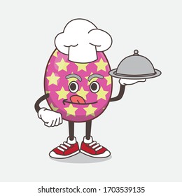 An illustration of Easter Egg cartoon mascot character as a Chef with food on tray ready to serve