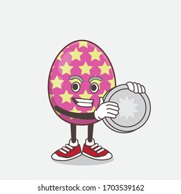 Una ilustración del personaje de la mascota Huevo de Pascua sosteniendo una medalla de moneda de plata