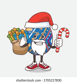 An illustration of Easter Egg cartoon mascot character in Santa costume with candy