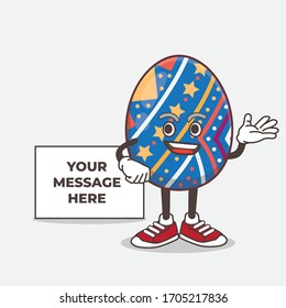 Una ilustración de un personaje de mascota de Huevo Pascua con pizarra electrónica